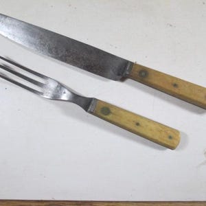 Civil War Era 1866 Patent Antique Fork and Knife Three Tine Bone and Brass Handles Landers Frary Clark  9469 #4