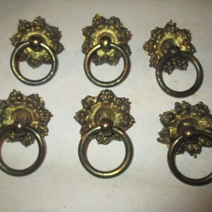 May include: Six antique brass drawer pulls with a floral design. Each pull features a decorative rosette base and a circular ring handle. The pulls are arranged in two rows of three, showcasing their ornate details and vintage aesthetic.
