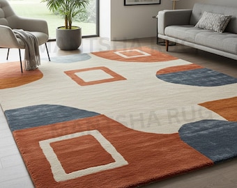 Modern Geometric Hand Tufted Wool Rug 8x10 Abstract Terracotta Blue Area Rug for Living Room Decor.