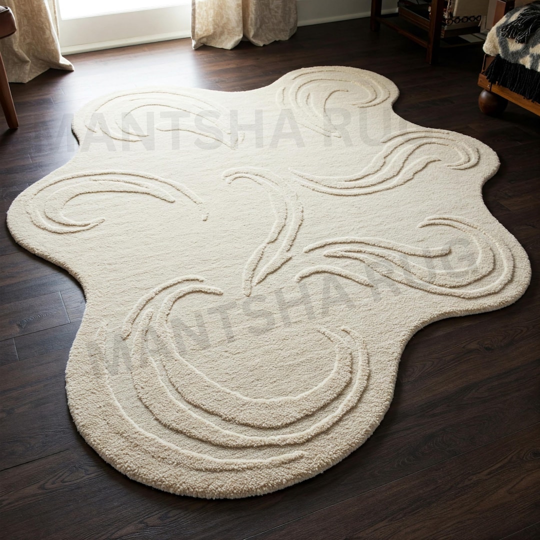 Wool Wave Rug Hand-tufted Wool Wave Rug, Beige Irregular Shape, Sculptural Design ...