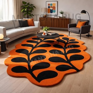 Mid Century Orange Leaf Irregular Rug, Hand Tufted Wool Modern Abstract Living Room Carpet.