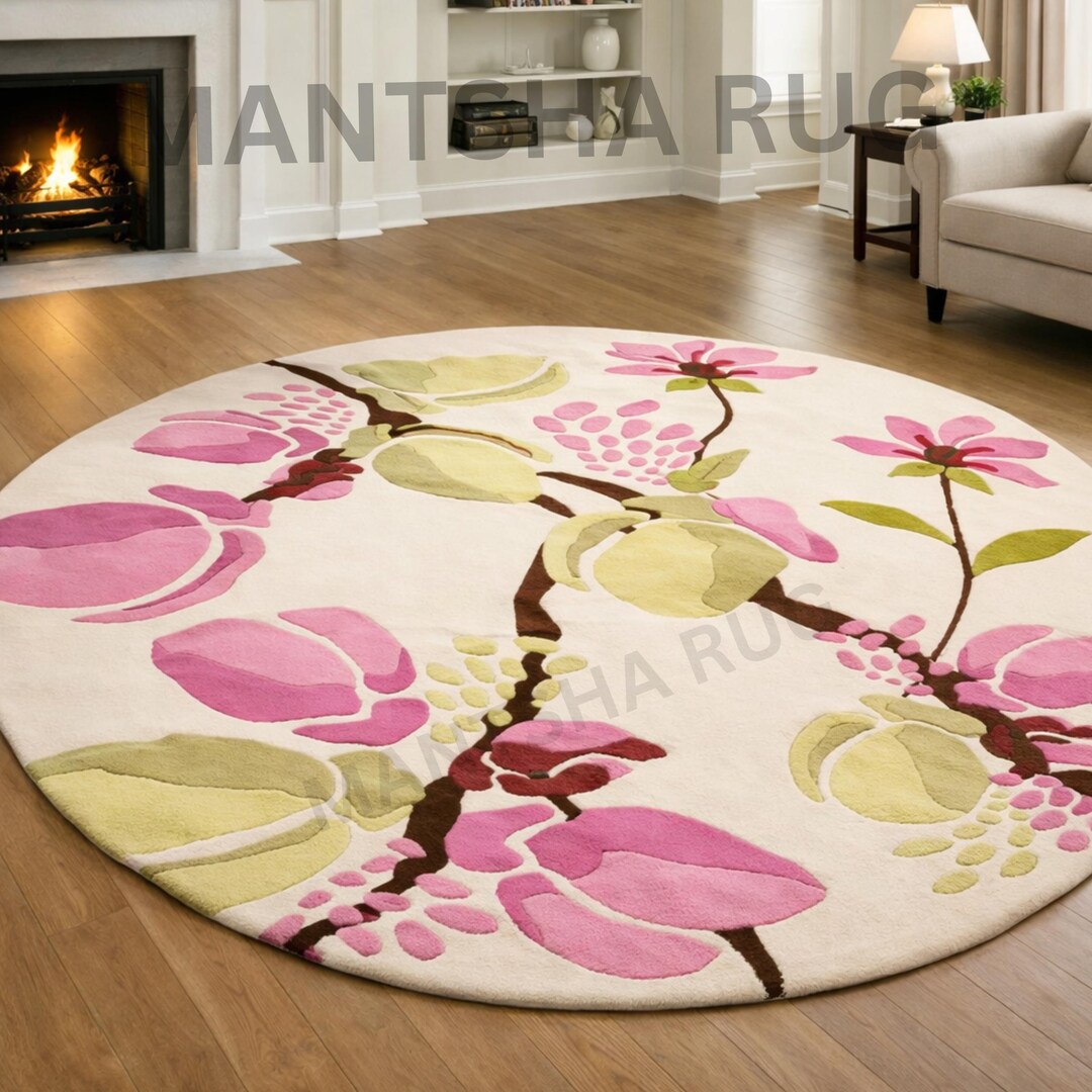 Hand Tufted Wool Floral Round Rug, Pink Botanical Modern Area Rug ...