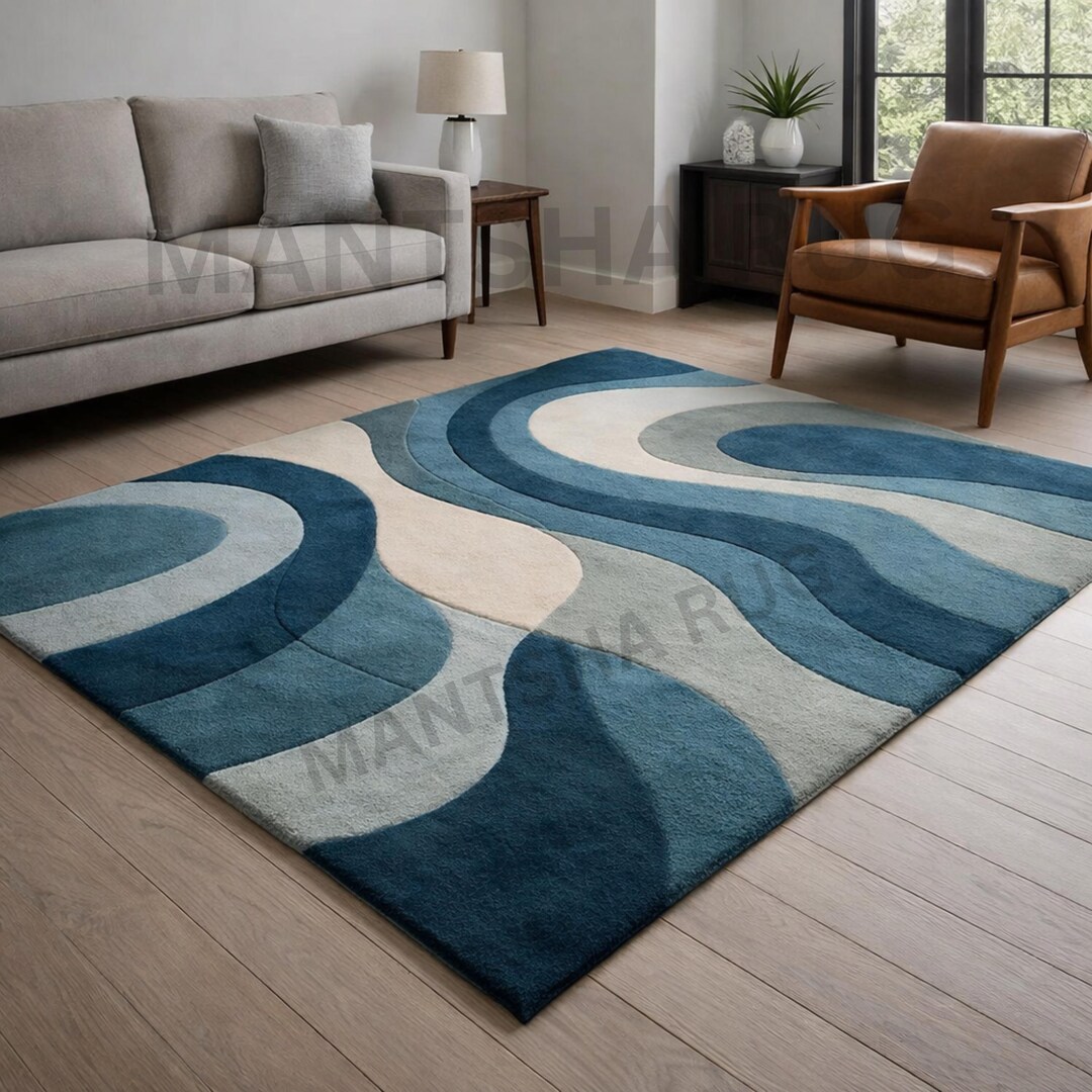 Modern Ocean Wave Hand Tufted Wool Area Rug 8x10 Blue Cream Abstract ...