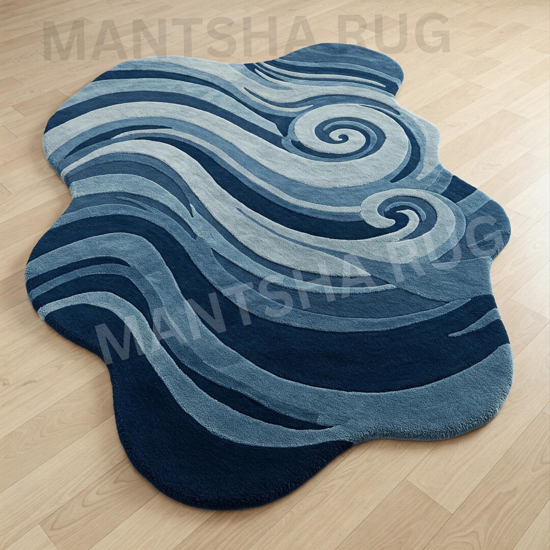 Hand Tufted Blue Abstract Wave Rug Irregular Wool Carpet Modern Coastal ...