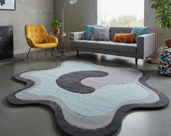 Alfombra moderna abstracta de lana con mechones hechos a mano, forma irregular, suave, decoración contemporánea, alfombra de 5x5 hecha a mano.