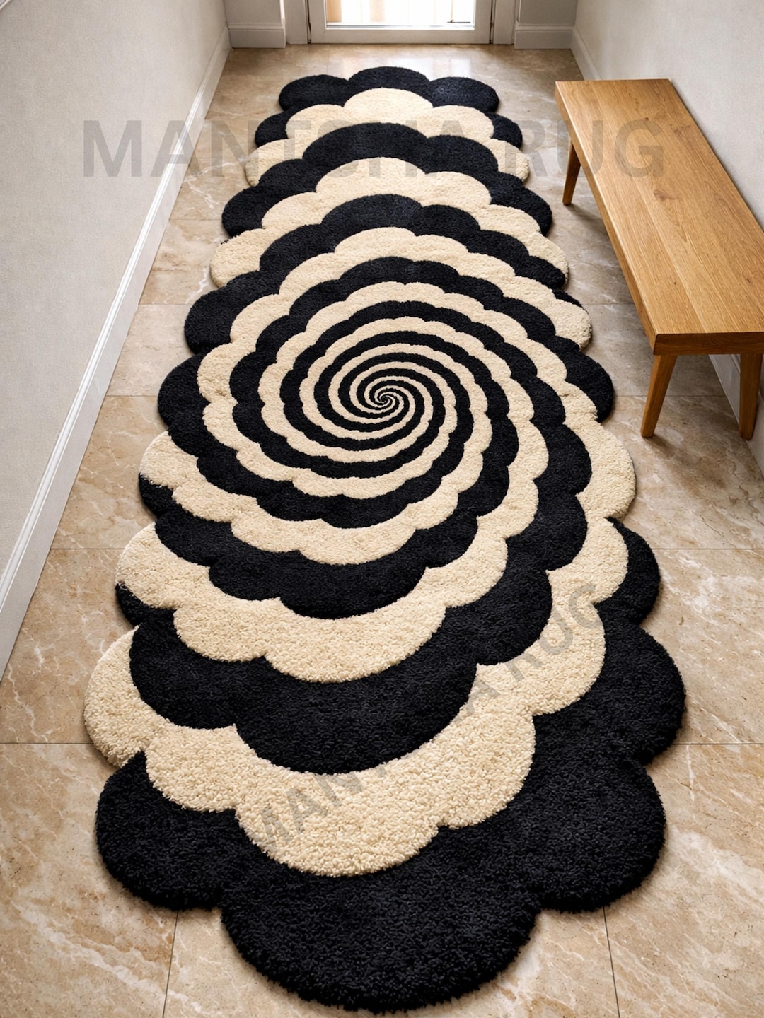Black Beige Spiral Hand Tufted Wool Rug, Optical Illusion Abstract ...