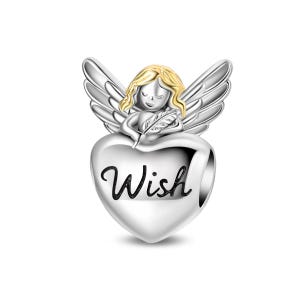 May include: A silver charm with an angel design. The angel has gold hair and wings, holding a feather over a heart-shaped charm. The word "Wish" is written in cursive on the heart.