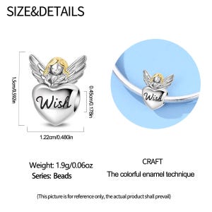 May include: A silver-colored bead with an angel on top of a heart shape. The angel has gold-colored hair and wings. The word "Wish" is written on the heart. The bead is 0.480 inches wide, 0.592 inches high, and weighs 0.06 ounces.