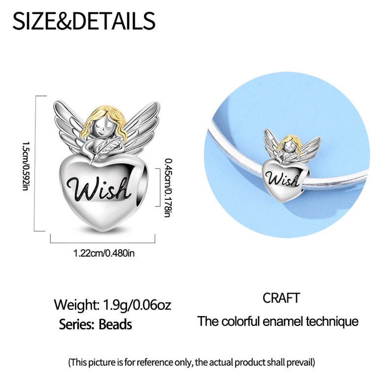 May include: A silver-colored bead with an angel on top of a heart shape. The angel has gold-colored hair and wings. The word "Wish" is written on the heart. The bead is 0.480 inches wide, 0.592 inches high, and weighs 0.06 ounces.