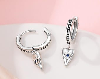 Sterling Silver Evil Eye Heart Dangle Earrings, Protective Boho Charm Jewelry