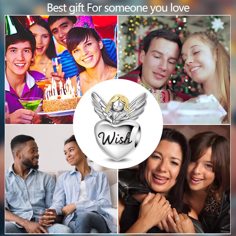 May include: A silver charm with a heart shape and the word "Wish" in cursive. An angel with gold hair and silver wings sits atop the heart. The image includes the text "Best gift For someone you love" and photos of people.