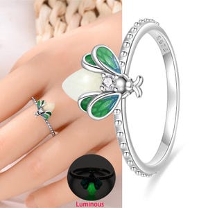 Glowing Green Firefly Ring, Sterling Silver Statement Ring for Women