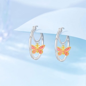 925 Sterling Silver Butterfly Large Hoop Earrings, Glittery Insect Big Earrings for Women