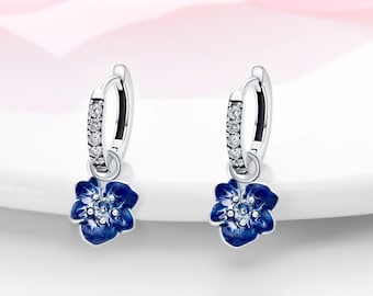 Sterling Silver Enamel Blue Flower Drop Dangle Earrings