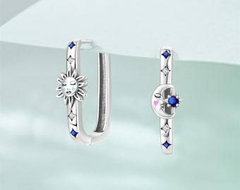 925 Sterling Silver Star Moon Square Huggie Hoops, Celestial Geometric Mini Earrings for Women