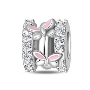 May include: A silver charm with two pink-accented butterfly designs. The charm is encircled by two bands of clear, sparkling crystals. The design is detailed and eye-catching, perfect for a bracelet or necklace.