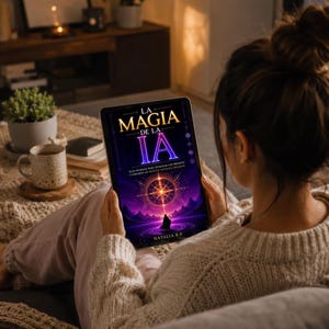 May include: A digital tablet displaying a book cover titled La Magia de la IA by Natalia R.P. The cover features a glowing golden compass graphic, a silhouette of a person, and purple mountain peaks against a dark, starry, cosmic background.