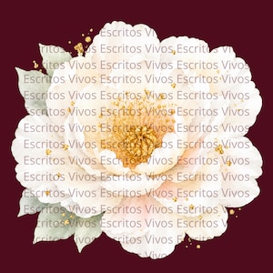 Puede incluir: Una ilustración estilo acuarela de una gran flor de peonía en color crema pálido y rosa suave con un centro amarillo dorado, acentuada por motas de purpurina dorada y hojas verde claro, con el texto repetido Escritos Vivos.