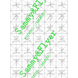 Könnte beinhalten: Ein weißes Übungsblatt für Kalligraphie mit einem Rastermuster. Das Blatt enthält verschiedene chinesische Schriftzeichen, die mit schwarzer Tinte geschrieben wurden, darunter die Zeichen für "drei", "oben", "unten" und "nicht".