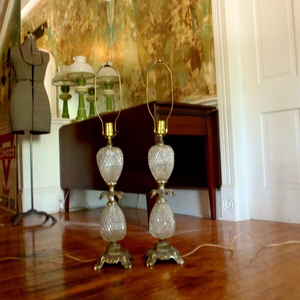 Hollywood Regency Vintage Lamp Pair Tall Glass 1960s Sparkle Lamps