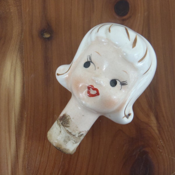 Bottle Stopper Ceramic Baby Doll Head Primitive Antique