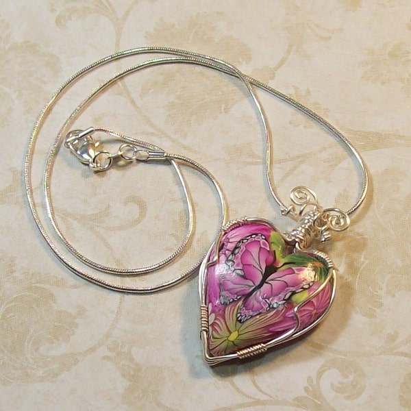 Butterfly Wire Wrapped Heart Shaped Pendant  -Shades of Pink Polymer Clay Heart Focal Bead with Butterfly - Wire Wrapped Pendant Necklace