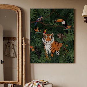 Tropical Jungle Tiger and Exotic Birds Canvas Wall Art, Lush Greenery with Wild Animals, Colorful Nature Decor, Vibrant Jungle Illustration