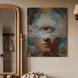 Surreal Eye Canvas Wall Art, Mystical Abstract Face Painting, Visionary Dreamscape Artwork, Symbolic Spiritual Decor, Fantasy Surreal Print