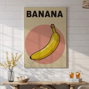 Banana Canvas Wall Art, Retro Fruit Illustration Print, Minimalist Kitchen Decor, Pop Art Style Food Artwork, Cottagecore Wall Accent