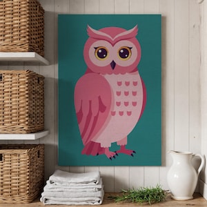Pink Owl Canvas Wall Art, Retro Bird Illustration Print, Cute Animal Artwork, Rustic Kids Room Decor, Vintage Style Wildlife Wall Accent