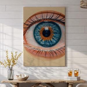 Eye Wall Art Canvas Print, Blue Orange Abstract Iris Artwork, Surreal Modern Painting, Contemporary Optical Decor for Unique Homes