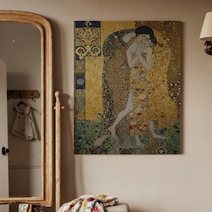 Der Kuss Leinwand Wandkunst, Gustav Klimt inspiriert goldener Druck, romantisches abstraktes Liebhaber Kunstwerk, elegante dekorative Leinwand, moderne Innenräume