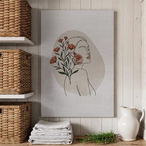 Line Art Woman Canvas, Modern Minimal Wall Art, Floral Female Silhouette Print, Abstract Boho Home Decor, Botanical Canvas Painting