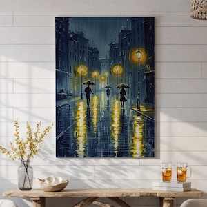 Rainy Night Street Canvas Wall Art, City Lights Illustration, Urban Landscape Poster, Modern Night Art, Reflective Rain Artwork