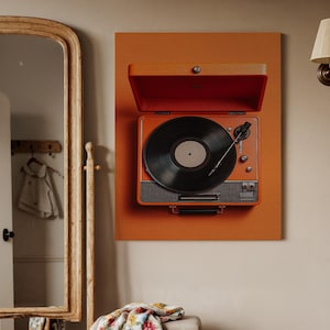 Retro Record Player Canvas Wall Art, Vintage Vinyl Music Print, Retro Orange Turntable Decor, Musical Artwork for Modern Interiors