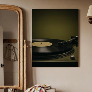 Vintage platenspeler canvas muurkunst print, retro vinyl platenspeler muziekposter, klassiek geluid decor voor audiofielen en muziekliefhebbers