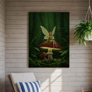 Magical Fairy Mushroom Canvas Wall Art, Enchanted Forest Illustration, Whimsical Fantasy Poster, Woodland Decor, Mystical Fairy Tale Artwork
