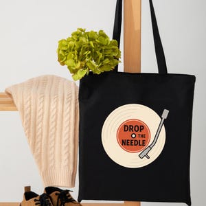 Drop the Needle Tote Bag – Retro Vinyl Record Gift for Music Lovers & Vinyl Fans