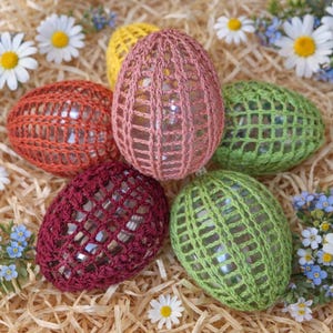 Decorazione per uova di Pasqua all'uncinetto – Ornamento per uova in pizzo fatto a mano da 8 cm o 10 cm – Motivo a foglia o a griglia – Decorazioni per la casa primaverili