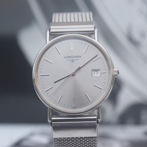 Authentic Vintage 90&#39;s Longines Quartz Swiss Watch Elegant Men’s Watch Classic Design Sunburst Silver Dial Mesh Strap