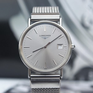 Authentic Vintage 90&#39;s Longines Quartz Swiss Watch Elegant Men’s Watch Classic Design Sunburst Silver Dial Mesh Strap