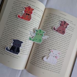 Può includere: Una collezione di adesivi a forma di gatto con vari disegni, tra cui gatti con ali, fiocchi e cuori, è esposta sulle pagine aperte di un libro. Gli adesivi sono in tonalità di rosso, verde, marrone e bianco.