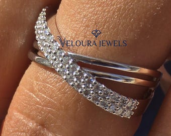 Criss Cross Moissanite Engagement Ring, 10K White Gold X Diamond Ring, Round Cut Crossover Wedding Ring, Delicate Anniversary Gift Ring