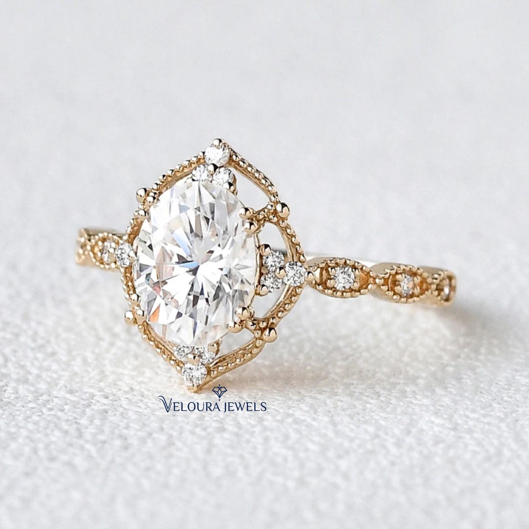 Oval Cut Moissanite Engagement Ring Set 14k Solid Gold Cluster ...