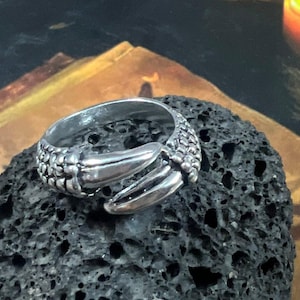 May include: A silver-colored ring with a claw design. The ring features a detailed claw with textured surfaces and sharp, curved tips. The ring is set on a dark, textured surface.