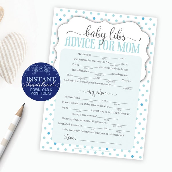 Baby Shower Game, Baby Mad Libs Advice, Instant Download, Baby Boy Blue Polka Dot, DIY baby shower activity, Print Your Own