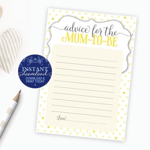 Baby Shower Advice for Mom, gender neutral printable, Yellow Polka Dot Mom-to-be Baby Shower Game, Instant download, DIY shower activity