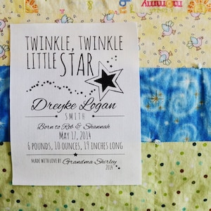 Twinkle Twinkle Little Star Patch, Baby Stats Baptismal Blanket Label, Child quilt tag, Personalized Baby Boy or Girl Quilt Tag