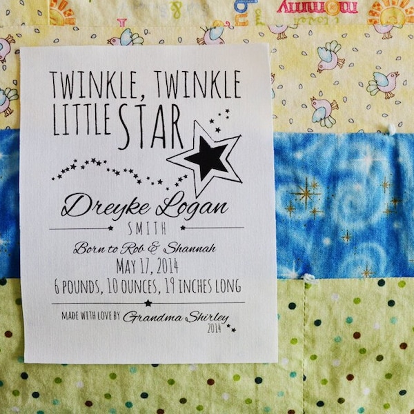 Baby Stats Quilt Label • Twinkle Twinkle Little Star Patch • 4.25 x 5.5 inch Personalized Baby Boy or Girl Quilt Label
