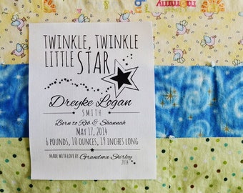 Personalized "Twinkle Star" Baby Stats Quilt Label